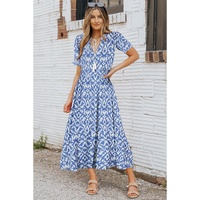 Azura Exchange Sky Blue V Neck Casual Geometric Print Maxi Dress - S thumbnail
