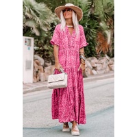 Pink Paisley Print Boho Holiday Ruffle Tiered Maxi Dress - L thumbnail