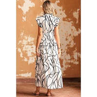 White Abstract Vein Print V Neck Ruffle Maxi Dress - XL thumbnail