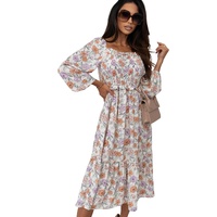 Azura Exchange Multicolor Floral Smocked Long Sleeve Pocketed Dress - L thumbnail