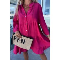 Rose Crinkled Tiered Split Neck Shirt Dress - M thumbnail