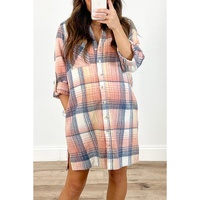 Azura Exchange Pink Plaid Roll-tab Sleeve Side Slit Shirt Dress - M thumbnail