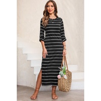 Black Striped Casual Slit Long Dress - M thumbnail