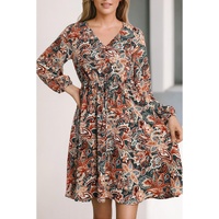 Brown Geometric Print Long Sleeve Surplice Flowy Dress - M thumbnail