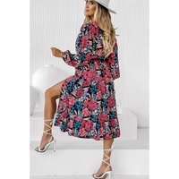 Azura Exchange Red V Neck Elastic High Waist Split Floral Dress - S thumbnail