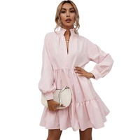 Pink Frilled Stand Collar Long Sleeve Ruffle Dress - XL thumbnail
