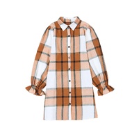 Khaki Plaid Pattern Collared Neck Ruffled Sleeve Shirt Dress - S thumbnail