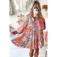 Multicolor Geometric Print Split Neck Ruffle Tiered Mini Dress - S thumbnail