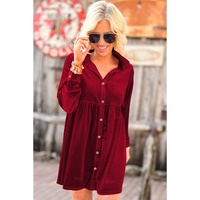 Red Long Sleeve Ruffle Velvet Button Up Dress - L thumbnail