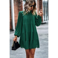 Green Puff Sleeve Mock Neck Back Knot Tiered Dress - XL thumbnail