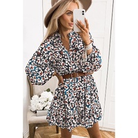 Blue Leopard Print Bubble Sleeve Ruffled Shirt Dress - M thumbnail