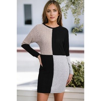 Black Ribbed Color Block Drop Shoulder Long Sleeve Mini Dress - L thumbnail