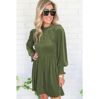 Moss Green Frilled Neck Smocked Bodice Velvet Dress - L thumbnail