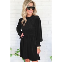 Black Frilled Neck Smocked Bodice Velvet Dress - XL thumbnail