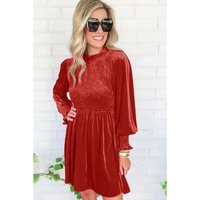 Red Clay Frilled Neck Smocked Bodice Velvet Dress - L thumbnail