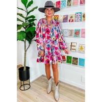 Multicolour Floral Tie Neck Bubble Sleeve Shift Dress - S thumbnail