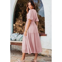 Pink Puff Sleeve Pleated High Waist Flowy Long Dress - M thumbnail