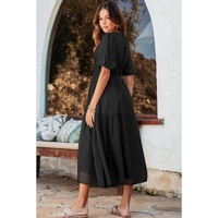 Black Puff Sleeve Pleated High Waist Flowy Long Dress - M thumbnail