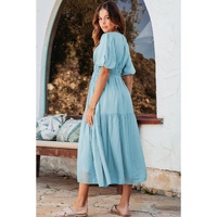 Light Blue Puff Sleeve Pleated High Waist Flowy Long Dress - M thumbnail