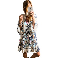 White Printed Tribal Print Bracelet Sleeve Buttoned Mini Dress - S thumbnail