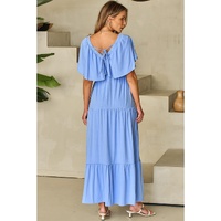 Sky Blue Textured V Neck Flutter Sleeve Ruffled Maxi Dress - S thumbnail