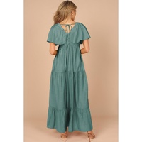 Green Textured V Neck Flutter Sleeve Ruffled Maxi Dress - XL thumbnail