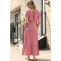 Rose Pink Textured V Neck Flutter Sleeve Ruffled Maxi Dress - 2XL thumbnail
