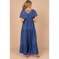 Navy Blue Textured V Neck Flutter Sleeve Ruffled Maxi Dress - M thumbnail