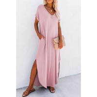 Pink V Neck Hidden Pocket Splits Maxi T-shirt Dress - M thumbnail