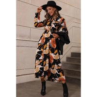 Orange Floral Print Tie Neck Long Sleeve Dress - L thumbnail