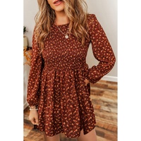 Brown Floral Smocked Bodice Mini Dress - L thumbnail