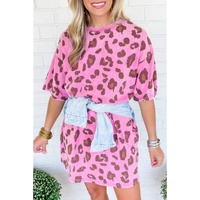 Pink Leopard Mineral Wash Side Pocket Shift Mini Dress - M thumbnail