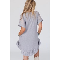 Light Grey Lace Floral Patchwork Ruffled T-shirt Dress - M thumbnail