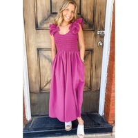 Rose Red Solid Color Ruffled Straps Smocked Ruched Maxi Dress - S thumbnail