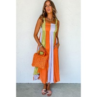 Green Color Block Shirred High Waist Fit and Flare Maxi Dress - S thumbnail
