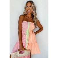 Pink Stripe Color Block Smocked Button Front Frilled Strapless Mini Dress - L thumbnail