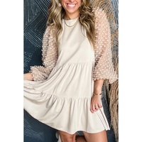 Beige Embellished Puff Sleeve Tiered A-line Dress - L thumbnail
