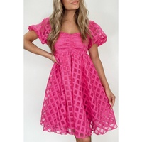 Strawberry Pink Checkered Puff Sleeve Babydoll Dress - XL thumbnail