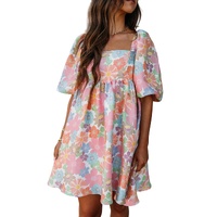 Pink Summer Floral Square Neck Puff Sleeve Babydoll Dress - L thumbnail