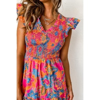 Rose Red Boho Floral V Neck Ruffle Tiered Long Dress - S thumbnail