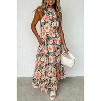 Black Boho Floral Print Knotted Halter Ruffled Maxi Dress - L thumbnail