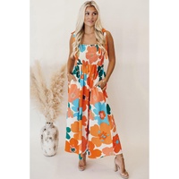 Orange Floral Self Tied Straps Smocked Bust Maxi Dress - L thumbnail