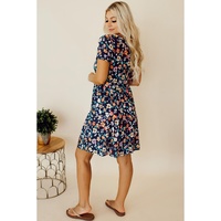 Blue Short Sleeve A-line Floral Dress - XL thumbnail