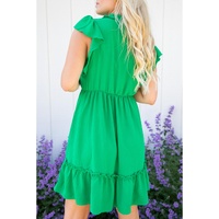 Bright Green Split V Neck Elastic Waist Ruffled Dress - XL thumbnail