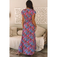 Blue Floral Print V Neck Wrap Split Maxi Dress - L thumbnail