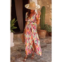 Pink Boho Tie-dye Print V Neck Maxi Dress - M thumbnail