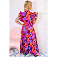 Orange Abstract Printed High Waist Ruffle Tiered Long Dress - L thumbnail