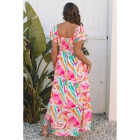 Pink Abstract Print Ruffled Sleeve Smocked Bust Maxi Dress - S thumbnail