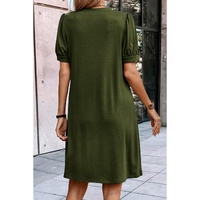 Fern Green Notched Neck Pleated Puff Sleeve Shift T-shirt Dress - M thumbnail