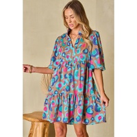 Green Leopard Print Bubble Sleeve Slit Neck Ruffled Dress - L thumbnail